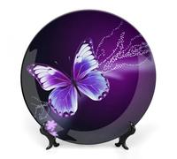 DWVSFJM Bella Viola Farfalla Stampa Bone China Piatto Decorativo Con Espositore Piatto Decorativo Ceramica Porcellana Piatto Rotondo Cena Artigianato Per Decorazione Appeso A Parete 8 pollici