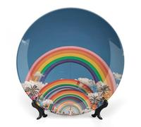 DWVSFJM Bellissimo Mondo Arcobaleno Stampa Bone China Piatto Decorativo Con Espositore Ceramica Piatto Decorativo Porcellana Rotondo Piatto Da Pranzo Artigianato Artigianato Per Decorazione Da Parete