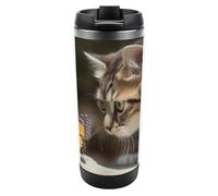 DWVSFJM Bicchiere isolato con gatto e farfalla in acciaio inossidabile a doppia parete sottovuoto tazza da viaggio isolata tazza in metallo grande capacità tazza da caffè riutilizzabile con coperchio