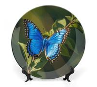 DWVSFJM Blu Farfalla Piccola Stampa Bone China Piatto Decorativo Con Espositore Piatto Decorativo Ceramica Porcellana Rotondo Piatto da Cena Artigianato Artigianato Per Decorazione Appeso A Parete