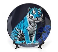DWVSFJM Blue Rose Tiger Print Bone China Piatto decorativo con espositore Piatto decorativo in ceramica Porcellana Piatto rotondo da pranzo Artigianato per decorazione da parete 17,8 cm