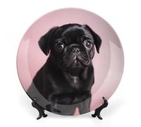 DWVSFJM Carino Nero Pug Stampa Bone China Piatto Decorativo Con Espositore Piatto Decorativo Ceramica Porcellana Rotondo Piatto da Cena Artigianato Artigianato Per Decorazione Da Parete 10 pollici