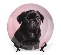 DWVSFJM Carino Nero Pug Stampa Bone China Piatto Decorativo Con Espositore Piatto Decorativo Ceramica Porcellana Rotondo Piatto da Cena Artigianato Artigianato Per Decorazione Da Parete 10 pollici