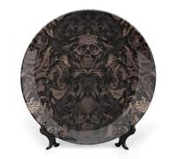 DWVSFJM Carta da parati gotica per pareti con stampa damascata teschio piatto decorativo in porcellana Bone China con espositore piatto decorativo in ceramica piatto rotondo in porcellana piatto da