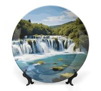 DWVSFJM Cascate sul fiume Krka Stampa Bone China Piatto Decorativo Con Espositore Piatto Decorativo In Ceramica Porcellana Piatto Rotondo Cena Artigianato Artigianato Per Decorazione Da Parete 20,3 cm