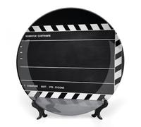 DWVSFJM Classic Movie Clapboard Black Print Bone China Piatto decorativo con espositore Piatto decorativo in ceramica Piatto rotondo in porcellana Piatto da pranzo Artigianato per decorazione da