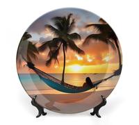 DWVSFJM Coconut Beach Tramonto Amaca Stampa Bone China Piatto Decorativo Con Espositore Piatto Decorativo In Ceramica Porcellana Piatto Rotondo Cena Artigianato Artigianato Per Decorazione Da Parete