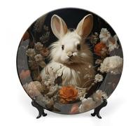 DWVSFJM Coniglio e fiori Stampa Bone China Piatto Decorativo Con Espositore Piatto Decorativo Ceramica Porcellana Piatto da Cena Rotondo Artigianato Artigianato Per Decorazione Da Parete 10