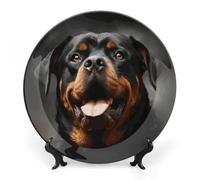DWVSFJM Cool Rottweiler Dog Art Print Bone China Piatto decorativo con espositore Piatto decorativo in ceramica Piatto rotondo in porcellana Piatto da pranzo Artigianato per decorazione da parete 17,8