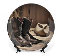 DWVSFJM Cowboy Cappello Nero Stivali Western Stampa Bone China Piatto Decorativo Con Espositore Piatto Decorativo Ceramica Porcellana Piatto Rotondo Cena Artigianato Artigianato Per Decorazione Da