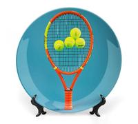 DWVSFJM Divertente racchette da tennis e palline da tennis Stampa Bone China Piatto decorativo con espositore Piatto decorativo in ceramica Piatto rotondo in porcellana Piatto da pranzo Artigianato