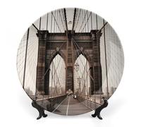 DWVSFJM Foto del ponte di Brooklyn Stampa Bone China Piatto Decorativo Con Espositore Piatto Decorativo In Ceramica Porcellana Piatto Rotondo Cena Artigianato Artigianato Per Decorazione Da Parete