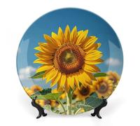 DWVSFJM Girasole Fioritura Fiori Piante Stampa Bone China Piatto Decorativo Con Espositore Piatto Decorativo In Ceramica Porcellana Rotondo Piatto Da Pranzo Artigianato Artigianato Per Decorazione Da