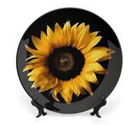 DWVSFJM Girasole su sfondo nero Stampa Bone China Piatto decorativo con espositore Piatto decorativo in ceramica Piatto rotondo in porcellana Piatto da pranzo Artigianato per decorazione da parete