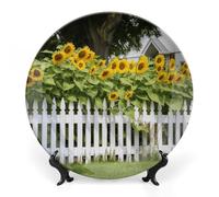 DWVSFJM Girasoli Bianco Steccato Stampa Bone China Piatto Decorativo Con Espositore Piatto Decorativo Ceramica Porcellana Rotondo Piatto da Cena Artigianato Artigianato Per Decorazione Da Parete 17,8