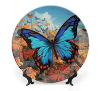 DWVSFJM Grande farfalla stampa Bone China piatto decorativo con espositore piatto decorativo in ceramica piatto rotondo in porcellana piatto da pranzo artigianato artistico per decorazione da