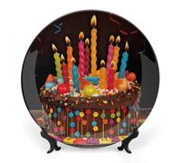 DWVSFJM Happy Birthday Big Cake Print Bone China Piatto decorativo con espositore Piatto decorativo in ceramica Piatto rotondo in porcellana Piatto da pranzo Artigianato per decorazione da parete 20,3