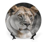 DWVSFJM Lioness Stampa Bone China Piatto Decorativo Con Espositore Piatto Decorativo Ceramica Porcellana Piatto Rotondo Cena Artigianato Artigianato Per Decorazione Da Parete 7 pollici