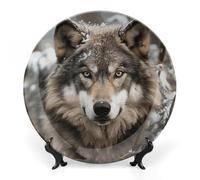 DWVSFJM Lmage of Wolf in the Snow Print Bone China Piatto decorativo con espositore piatto decorativo in ceramica piatto rotondo in porcellana piatto da pranzo artigianato artistico per decorazione da
