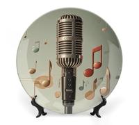 DWVSFJM Microfono con nota musicale Stampa Bone China Piatto decorativo con espositore Piatto decorativo in ceramica Piatto rotondo in porcellana Piatto da pranzo Artigianato per decorazione da parete