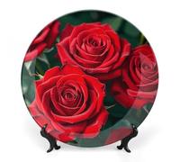 DWVSFJM Molti Rose Rosse Stampa Bone China Piatto Decorativo Con Espositore Piatto Decorativo Ceramica Porcellana Rotondo Piatto da Cena Artigianato Per Decorazione Da Parete 15,2 cm