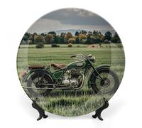 DWVSFJM Motociclette su erba verde stampa Bone China Piatto decorativo con espositore Piatto decorativo in ceramica Piatto rotondo in porcellana Piatto da pranzo Artigianato per decorazione da parete