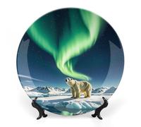 DWVSFJM Northern Lights Polar Bear Stampa Bone China Piatto Decorativo Con Espositore Piatto Decorativo In Ceramica Porcellana Piatto Rotondo Cena Artigianato Artigianato Per Decorazione Appeso A