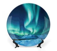 DWVSFJM Northern Lights Stampa Bone China Piatto Decorativo Con Espositore Piatto Decorativo Ceramica Porcellana Piatto Rotondo Cena Artigianato Artigianato Per Decorazione Appeso A Parete 8 pollici