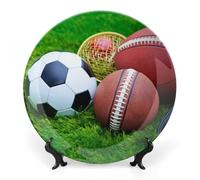 DWVSFJM Palline sportive su erba stampa Bone China Piatto decorativo con espositore Piatto decorativo in ceramica Piatto rotondo in porcellana Piatto da pranzo Artigianato per decorazione da parete