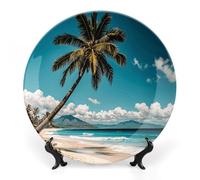 DWVSFJM Palma Hawaii Beach Print Bone China Piatto decorativo con espositore Piatto decorativo in ceramica Piatto rotondo in porcellana Piatto da pranzo Artigianato per decorazione da parete 15,2 cm
