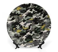 DWVSFJM Piatto decorativo astratto della porcellana dell'osso della stampa del camuffamento con il banco di mostra Piatto decorativo in ceramica Porcellana Piatto da pranzo rotondo Artigianato per la