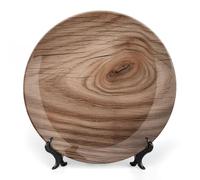 DWVSFJM Piatto decorativo della porcellana dell'osso della stampa del grano del legno con il banco di mostra Piatto decorativo di ceramica Piatto rotondo della porcellana della cena di arte mestieri