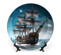 DWVSFJM Piatto decorativo della porcellana dell'osso della stampa della nave dei pirati con il banco di mostra Piatto decorativo in ceramica Piatto rotondo della porcellana del piatto della cena di