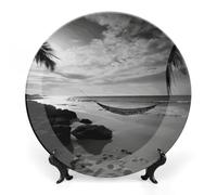 DWVSFJM Piatto decorativo in porcellana bianca e nera con stampa spiaggia Bone China con espositore piatto decorativo in ceramica piatto rotondo in porcellana piatto da pranzo artigianato artistico