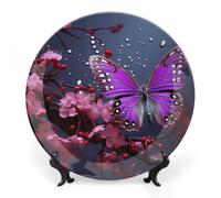 DWVSFJM Piatto decorativo in porcellana Bone China con stampa viola prugna farfalla con espositore piatto decorativo in ceramica piatto rotondo in porcellana piatto da pranzo artigianato artistico per