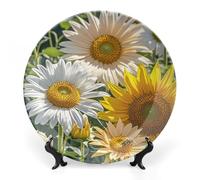 DWVSFJM Piatto decorativo in porcellana con girasoli, margherita, rosa, stampa di fiori di rosa, con espositore in ceramica, piatto decorativo in ceramica, piatto da pranzo rotondo, artigianato