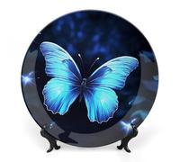 DWVSFJM Piatto decorativo in porcellana con stampa a farfalla blu con espositore piatto decorativo in ceramica piatto rotondo in porcellana piatto da pranzo artigianato artistico per decorazione da
