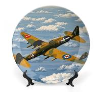 DWVSFJM Piatto decorativo in porcellana con stampa aeroplano della seconda guerra mondiale 2 con espositore piatto decorativo in ceramica piatto rotondo in porcellana da pranzo artigianale artistico