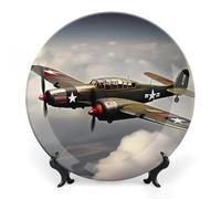 DWVSFJM Piatto decorativo in porcellana con stampa aeroplano della seconda guerra mondiale 2 con espositore piatto decorativo in ceramica piatto rotondo in porcellana da pranzo artigianale artistico