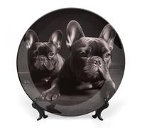 DWVSFJM Piatto decorativo in porcellana con stampa bulldog francese con espositore piatto decorativo in ceramica piatto rotondo in porcellana piatto da pranzo artigianato artistico per decorazione da