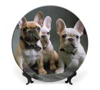 DWVSFJM Piatto decorativo in porcellana con stampa di cuccioli di bulldog francese con espositore piatto decorativo in ceramica piatto rotondo in porcellana piatto da pranzo artigianato artistico per