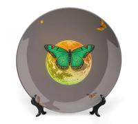 DWVSFJM Piatto decorativo in porcellana con stampa di falena verde sole e luna con espositore piatto decorativo in ceramica piatto rotondo in porcellana piatto da pranzo artigianato artistico per