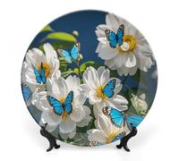 DWVSFJM Piatto decorativo in porcellana con stampa di farfalle bianche con fiori blu, con espositore piatto decorativo in ceramica piatto rotondo in porcellana per decorazione da appendere alla parete
