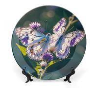 DWVSFJM Piatto decorativo in porcellana con stampa di farfalle bianche e viola con espositore piatto decorativo in ceramica piatto rotondo in porcellana da pranzo artigianale artistico per decorazione