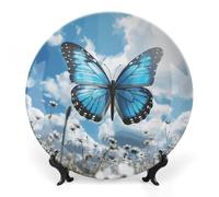 DWVSFJM Piatto decorativo in porcellana con stampa di farfalle e nuvole blu con espositore piatto decorativo in ceramica piatto rotondo in porcellana piatto da pranzo artigianato artistico per