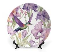 DWVSFJM Piatto decorativo in porcellana con stampa di fiori di iris con colibrì, piatto decorativo in ceramica, piatto rotondo in porcellana, per decorazione da appendere alla parete, 17,8 cm