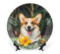 DWVSFJM Piatto decorativo in porcellana con stampa di fiori tropicali e corgi con espositore piatto decorativo in ceramica piatto rotondo in porcellana piatto da pranzo artigianale artistico per