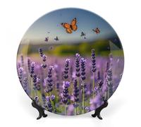 DWVSFJM Piatto decorativo in porcellana con stampa di lavanda e farfalle con espositore piatto decorativo in ceramica piatto rotondo in porcellana piatto da pranzo artigianato artistico per