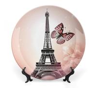 DWVSFJM Piatto decorativo in porcellana con stampa di Parigi e farfalla in porcellana con espositore piatto decorativo in ceramica piatto rotondo in porcellana da pranzo artigianato artistico per
