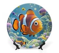 DWVSFJM Piatto decorativo in porcellana con stampa di pesce pagliaccio in stile cartone animato con espositore piatto decorativo in ceramica piatto rotondo in porcellana piatto da pranzo artigianato